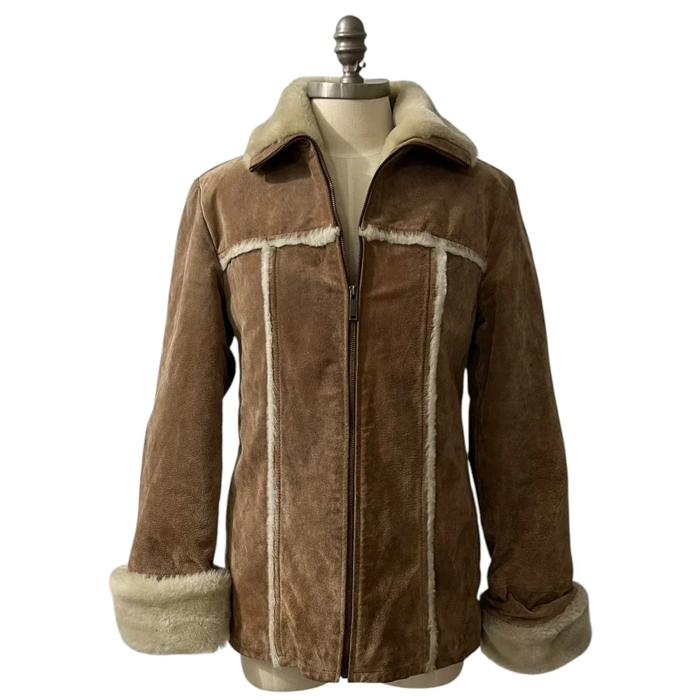 Wilsons Leather‎ Maxima Tan Suede Faux Shearling Fur Trim Zip Jacket Medium